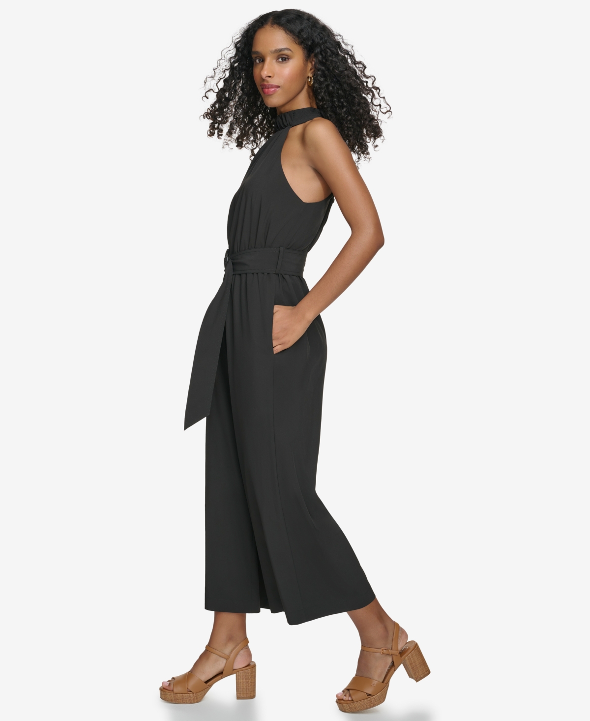 Shop Calvin Klein Women's Belter Halter-neck Straight-leg Jumpsuit In Hibiscus