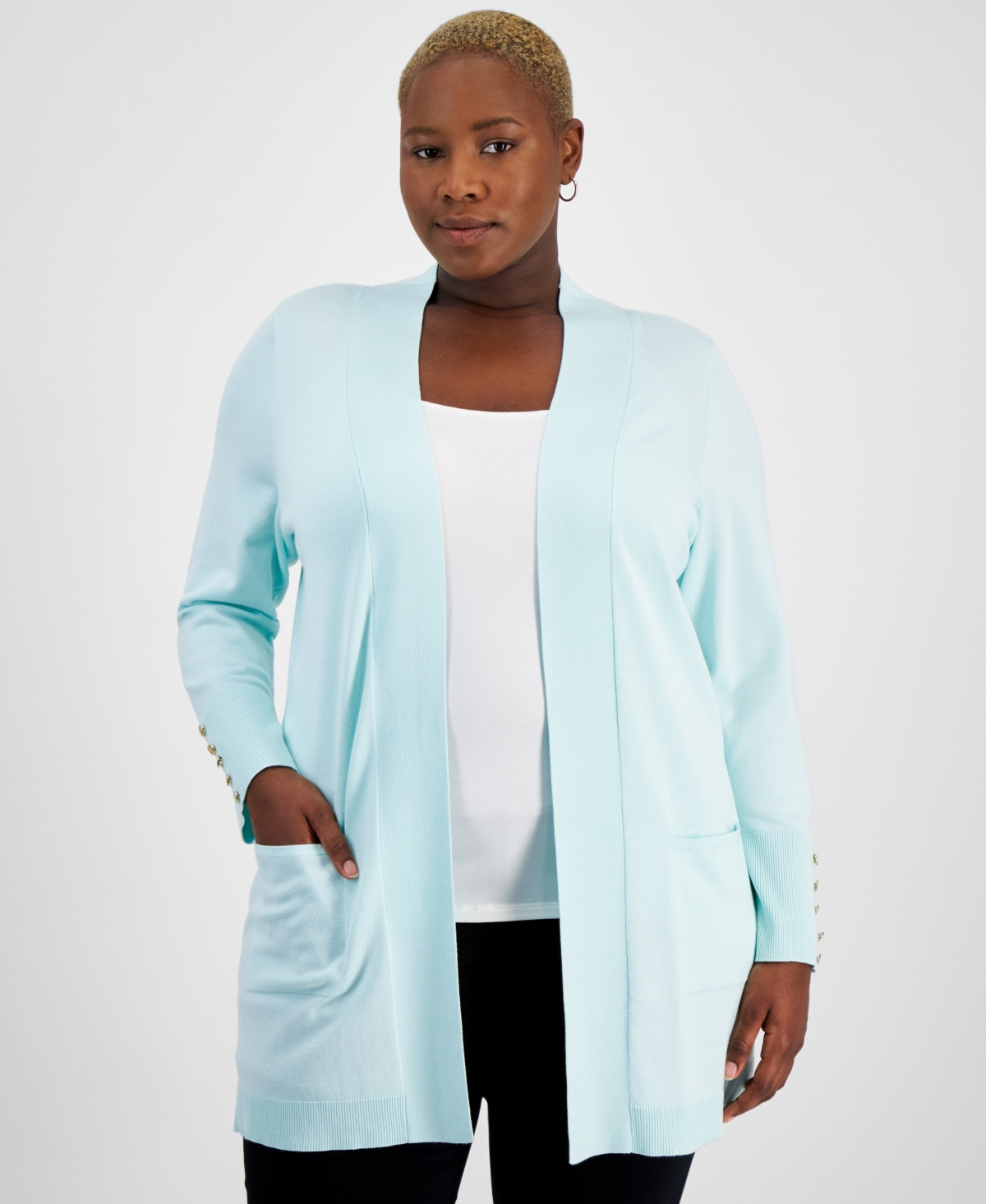 Shop Jm Collection Plus Size Open-front Long-sleeve Cardigan, Created For Macy's In Mystic Aqua
