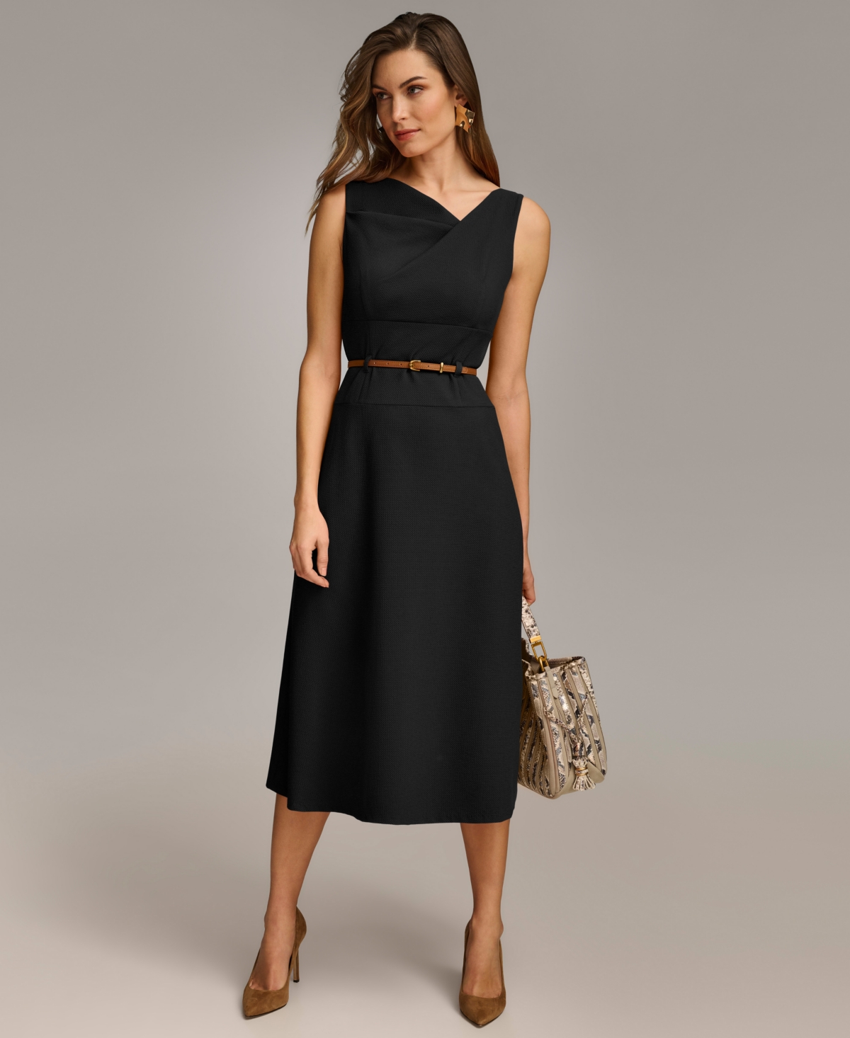 Donna Karan Women's Belted Asymmetric Midi Dress In Black