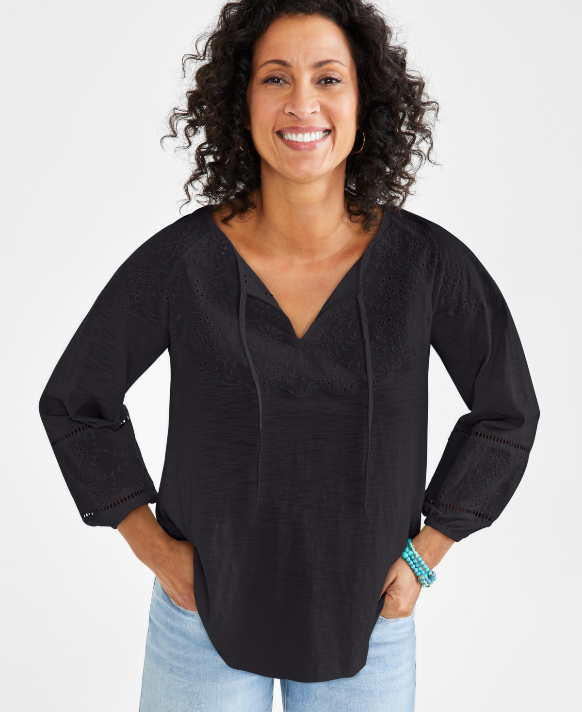 Style & Co Women's Eyelet-trim Tie-neck Peasant Top, Created For Macy's In Deep Black