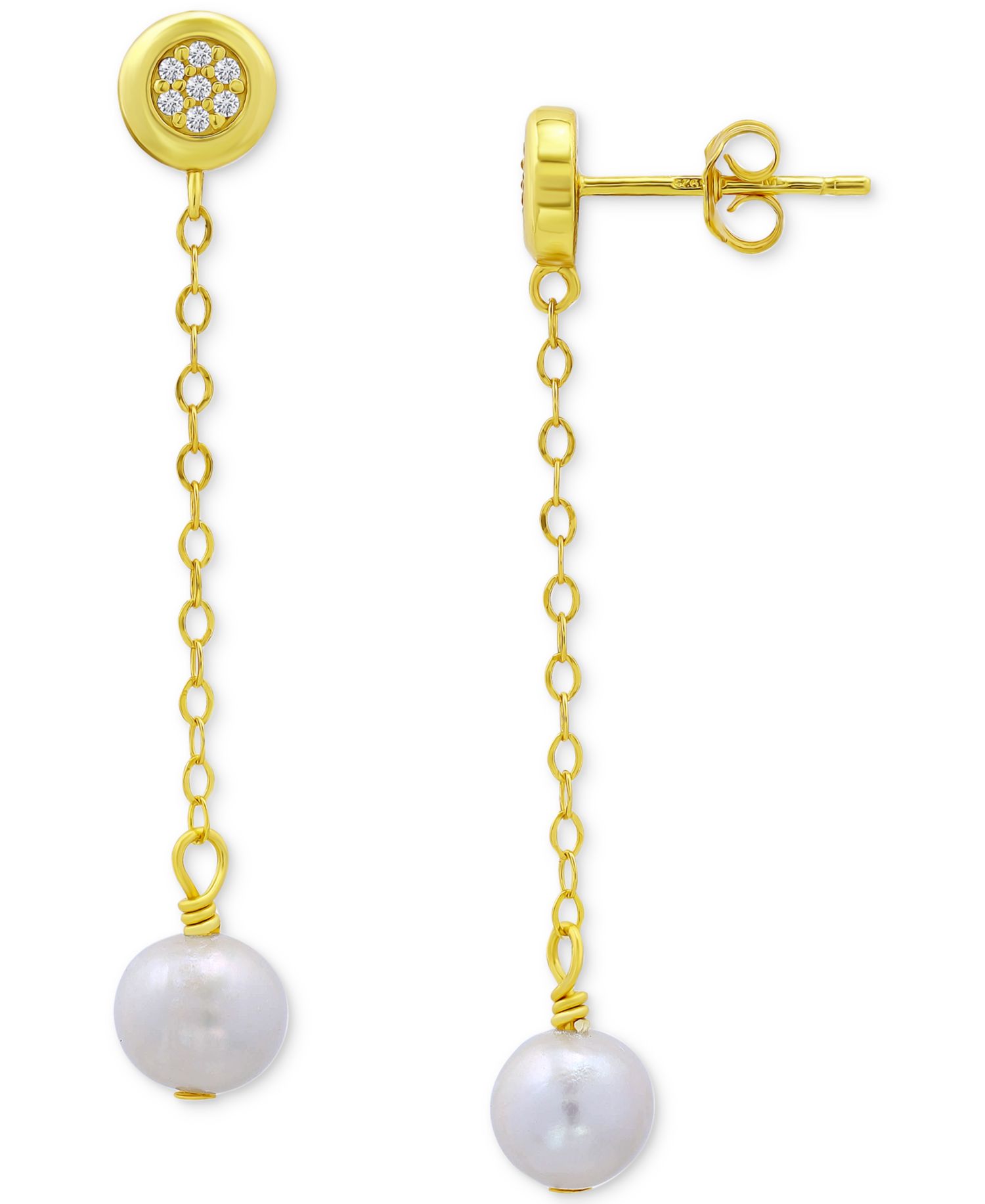 Cultured Freshwater Pearl (7mm) & Cubic Zirconia Chain Drop Earrings in 18k Gold-Plated Sterling Silver