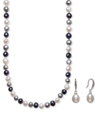 Cultured Freshwater Pearl Necklace (7-7 1/2mm) and Drop Earrings (7x9mm) Set in Sterling Silver