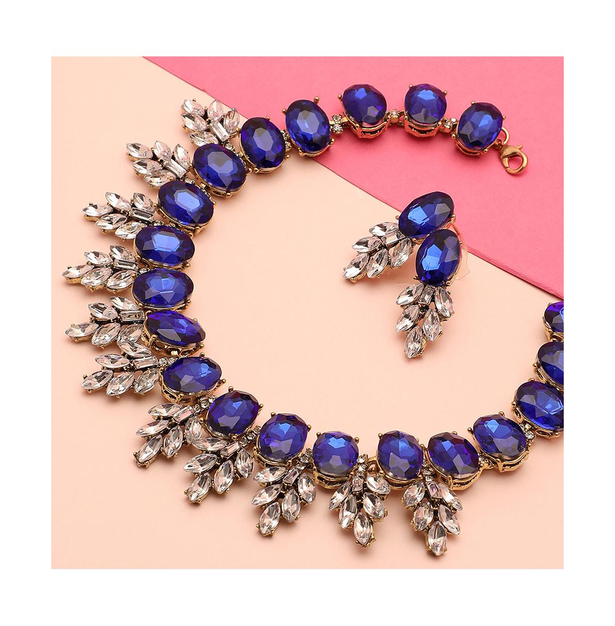 Sohi Women'sStone Leaf Cluster Necklace And Earrings (Set Of 2) - Blue