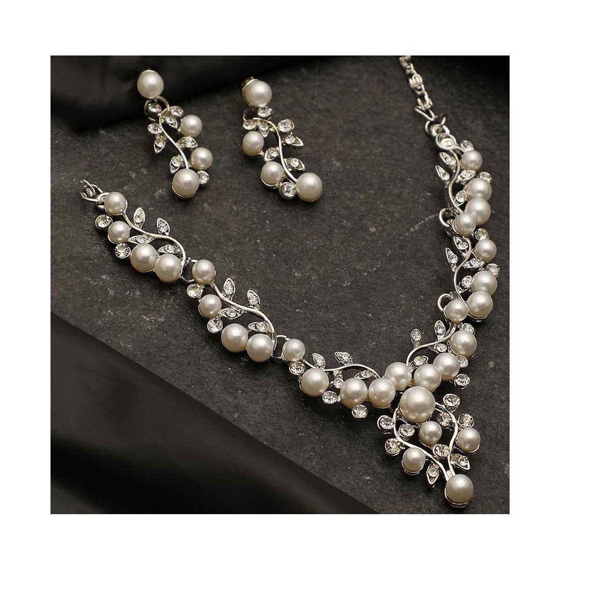 Sohi Women'sPearl Cluster Necklace And Earrings (7-8 mm) (Set Of 2) - White