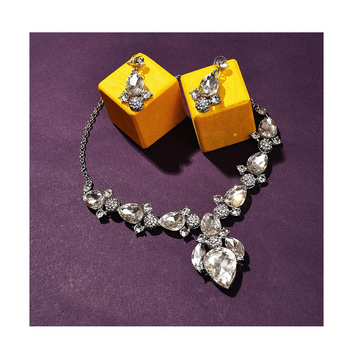 Sohi Women's Silver Stone Teardrop Necklace And Earrings (Set Of 2)
