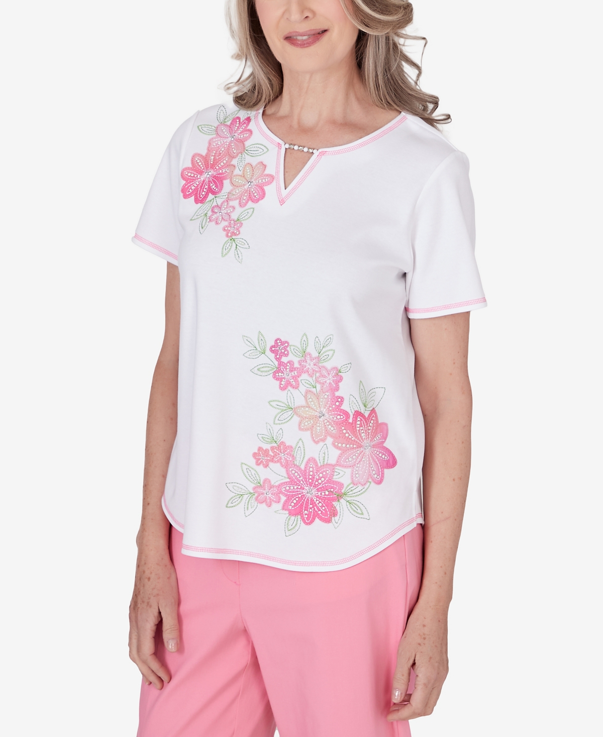 Alfred Dunner Petite Miami Beach Short Sleeve Floral Applique Top