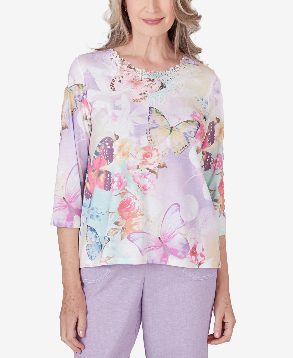 Shop Alfred Dunner Petite Garden Party Three Quarter Sleeve Butterfly Top In Multi