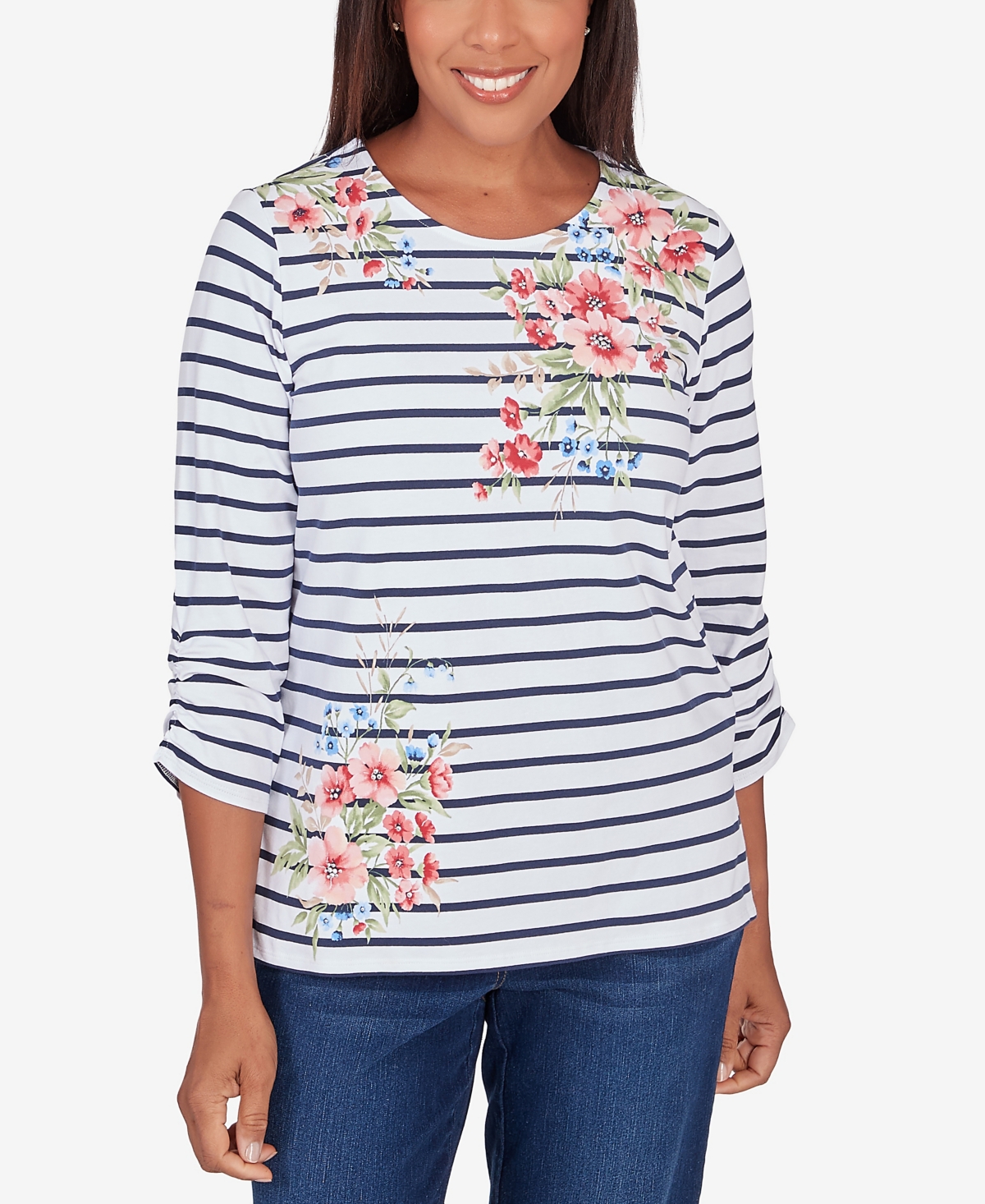 Shop Alfred Dunner Petite A Fresh Start Ruched Sleeve Striped Floral Top In Multi