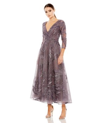 Mac Duggal Women's Embellished Wrap Over 3/4 Sleeve Dress
