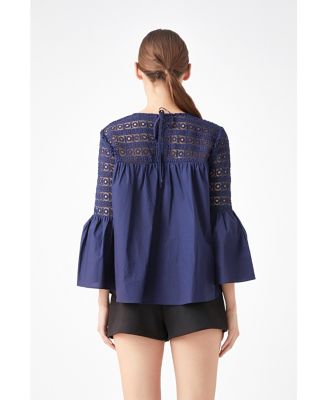 Women's Lace with Poplin Bell Sleeve Blouse