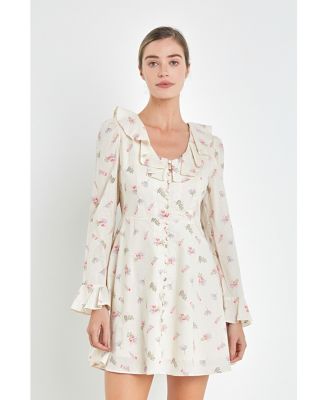 Women's Floral Ruffled Neck Mini Dress