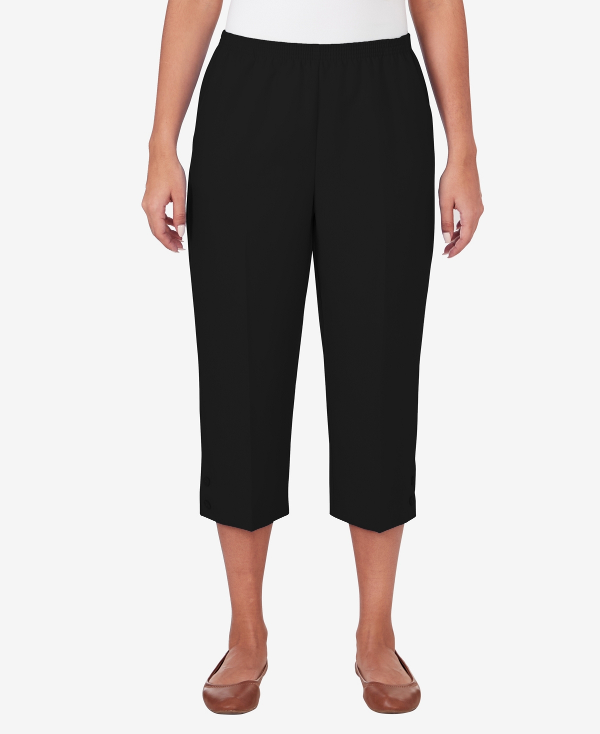 Shop Alfred Dunner Women's Classic Stretch Waist Accord Capri Pants With Button Hem In Black