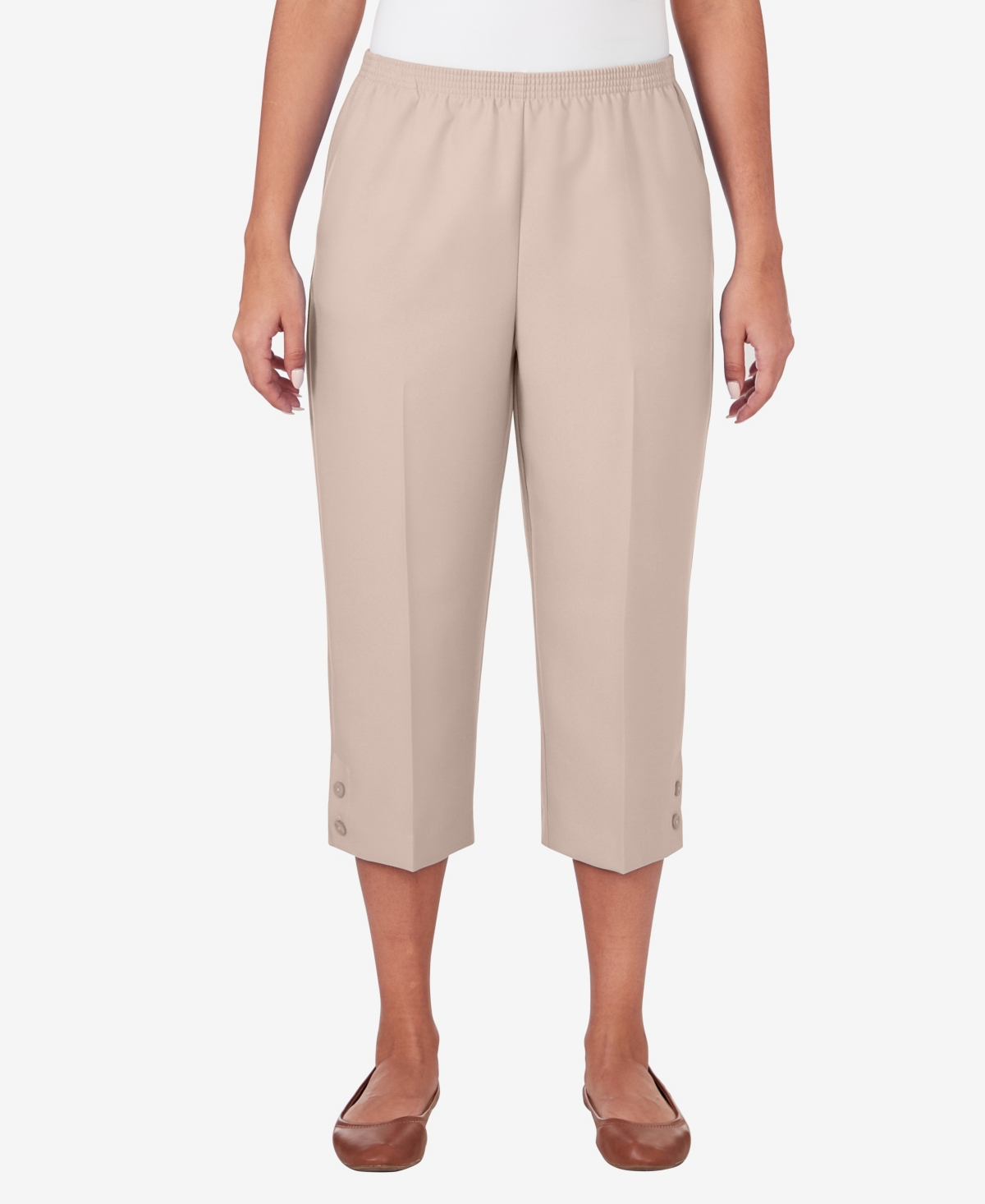 Shop Alfred Dunner Women's Classic Stretch Waist Accord Capri Pants With Button Hem In Tan