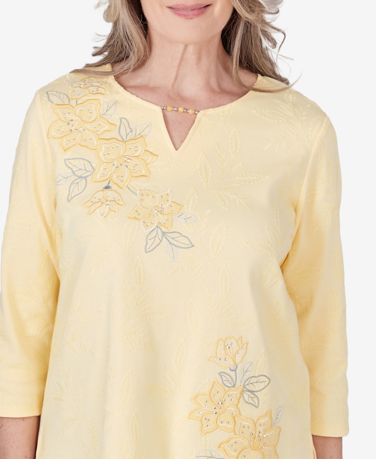 Shop Alfred Dunner Petite Charleston Keyhole Neck Floral Embroidered Top In Yellow