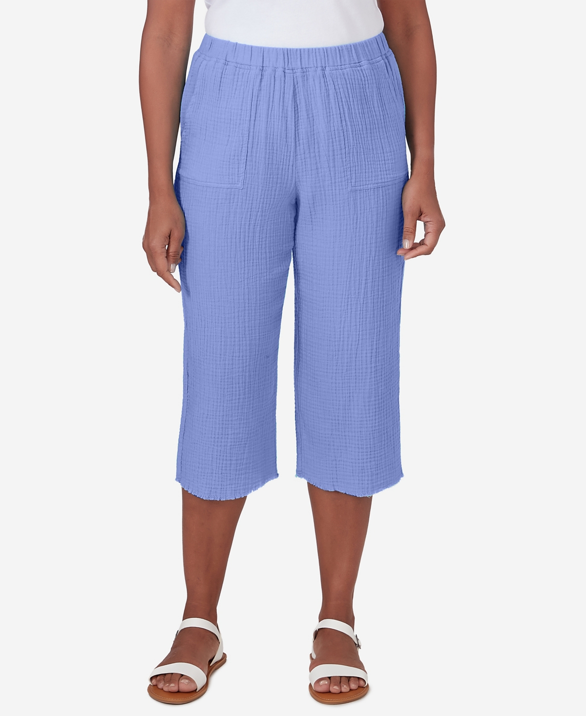 Shop Alfred Dunner Petite Summer Breeze Pull On Double Gauze Capri Pants In Lilac