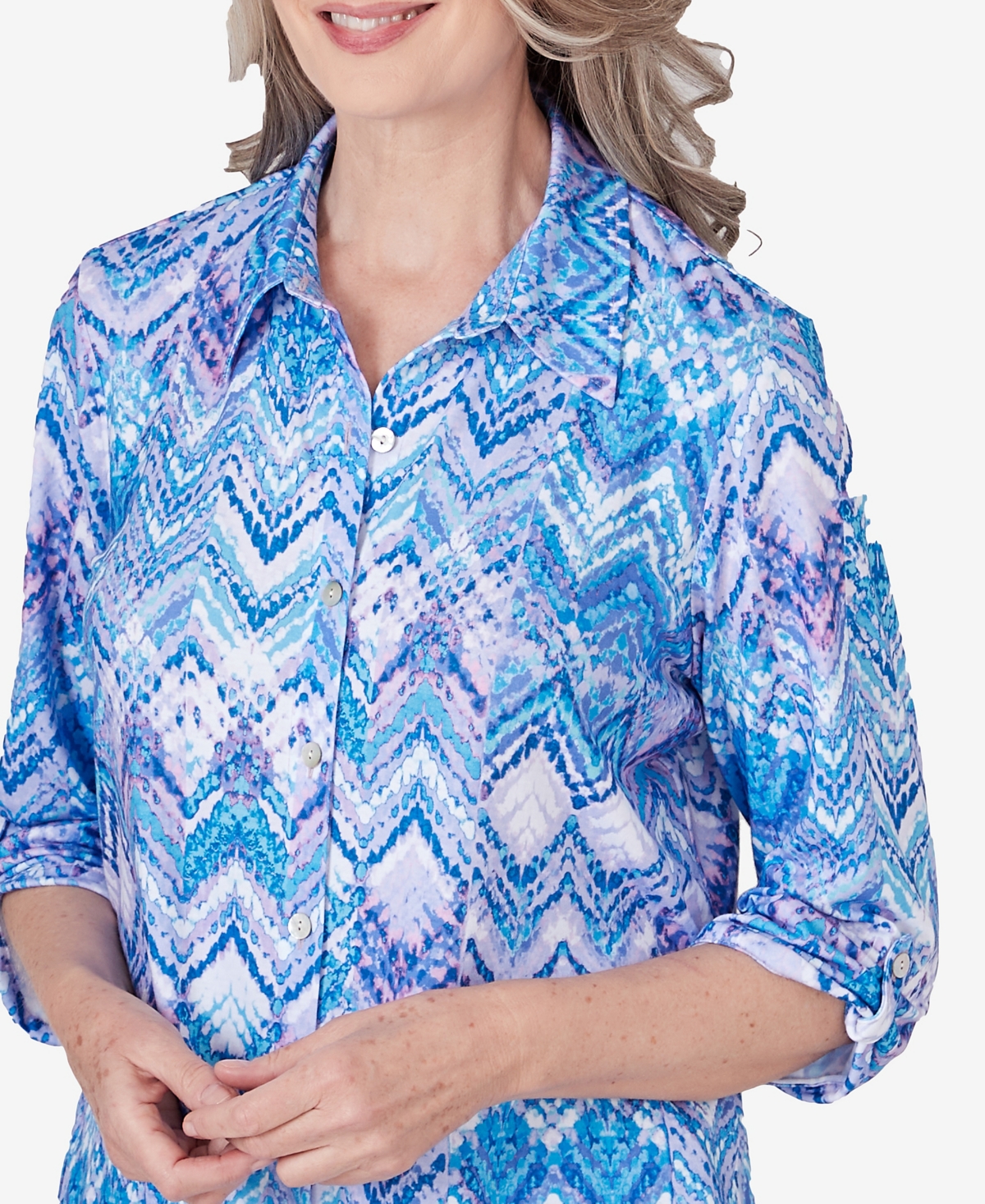 Shop Alfred Dunner Petite Summer Breeze Zig Zag Printed Button Down Top In Multi