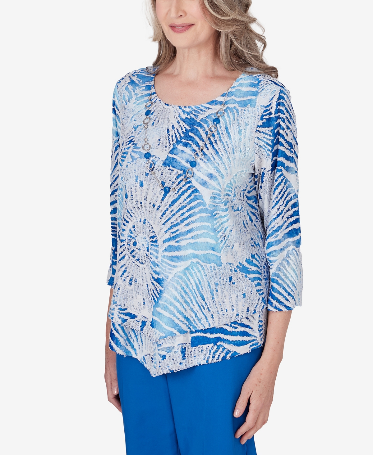 Shop Alfred Dunner Petite Neptune Beach Seashell Embellished Necklace Top In Ocean Blue