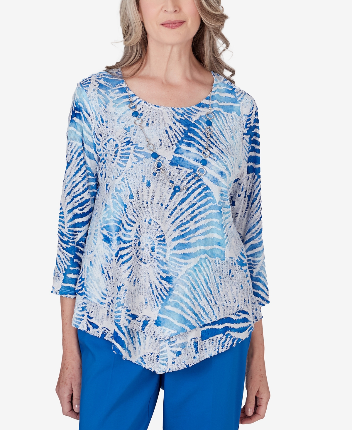 Shop Alfred Dunner Petite Neptune Beach Seashell Embellished Necklace Top In Ocean Blue