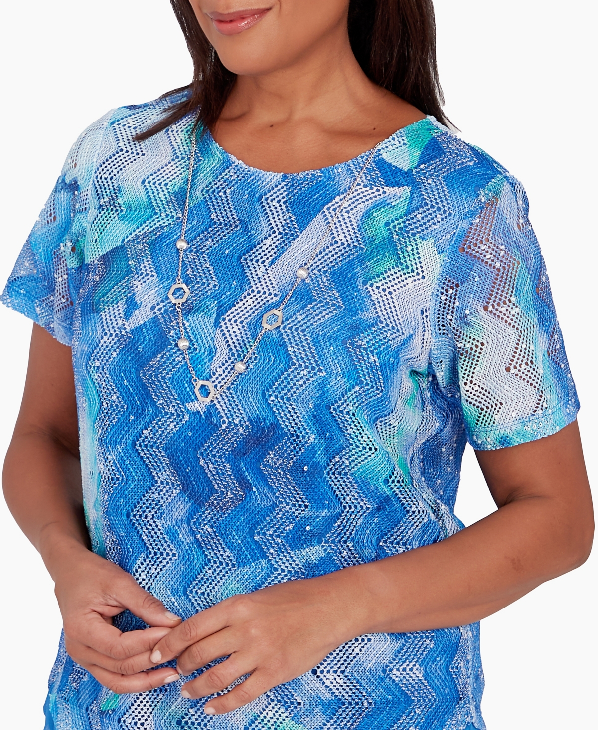 Shop Alfred Dunner Petite Neptune Beach Tie Dye Textured Necklace Top In Ocean Blue