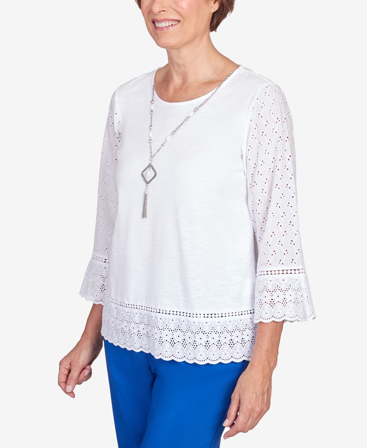 Shop Alfred Dunner Petite Tradewinds Eyelet Trim Flutter Sleeve Necklace Top In White