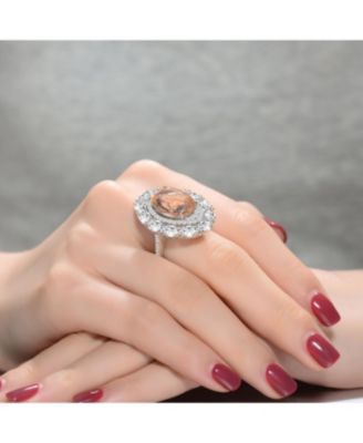 Sterling Silver with White Gold Plated Pink Oval with Clear Round Cubic Zirconia Halo Ring