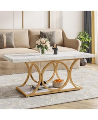 47.24" Modern Coffee Table 2-Tier Faux Marble Wood with Geometric Metal Legs, Stylish & Functional for Living Room Black Friday 2024 Deal