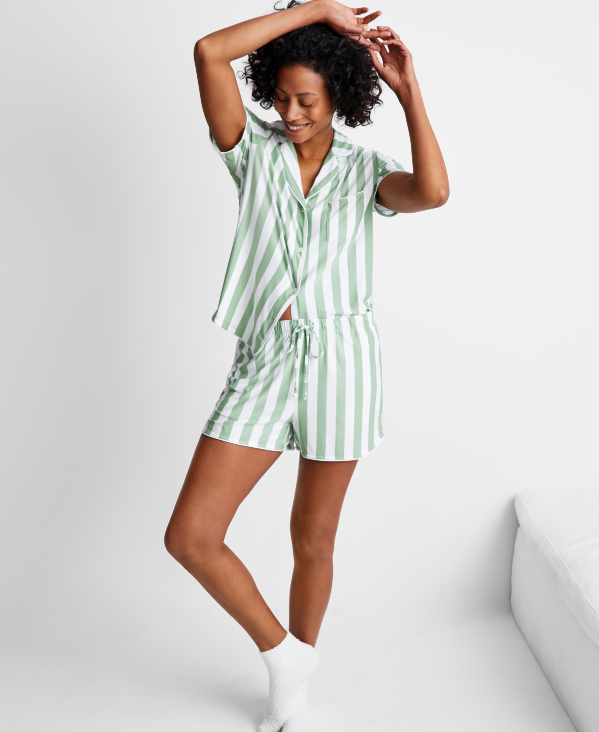 Shop State Of Day Women's 2-pc. Short-sleeve Notched-collar Pajama Set Xs-3x, Created For Macy's In Stripe Basil
