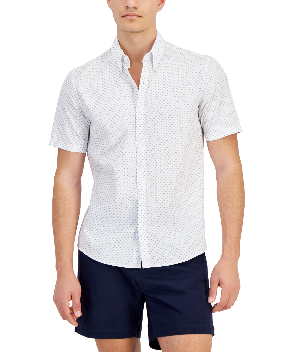 Men's Slim-Fit Stretch Textured Geo-Print Button-Down Shirt - White