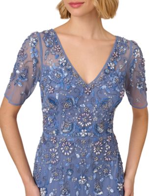 Women's V-Neck Beaded Short-Sleeve Mesh Gown