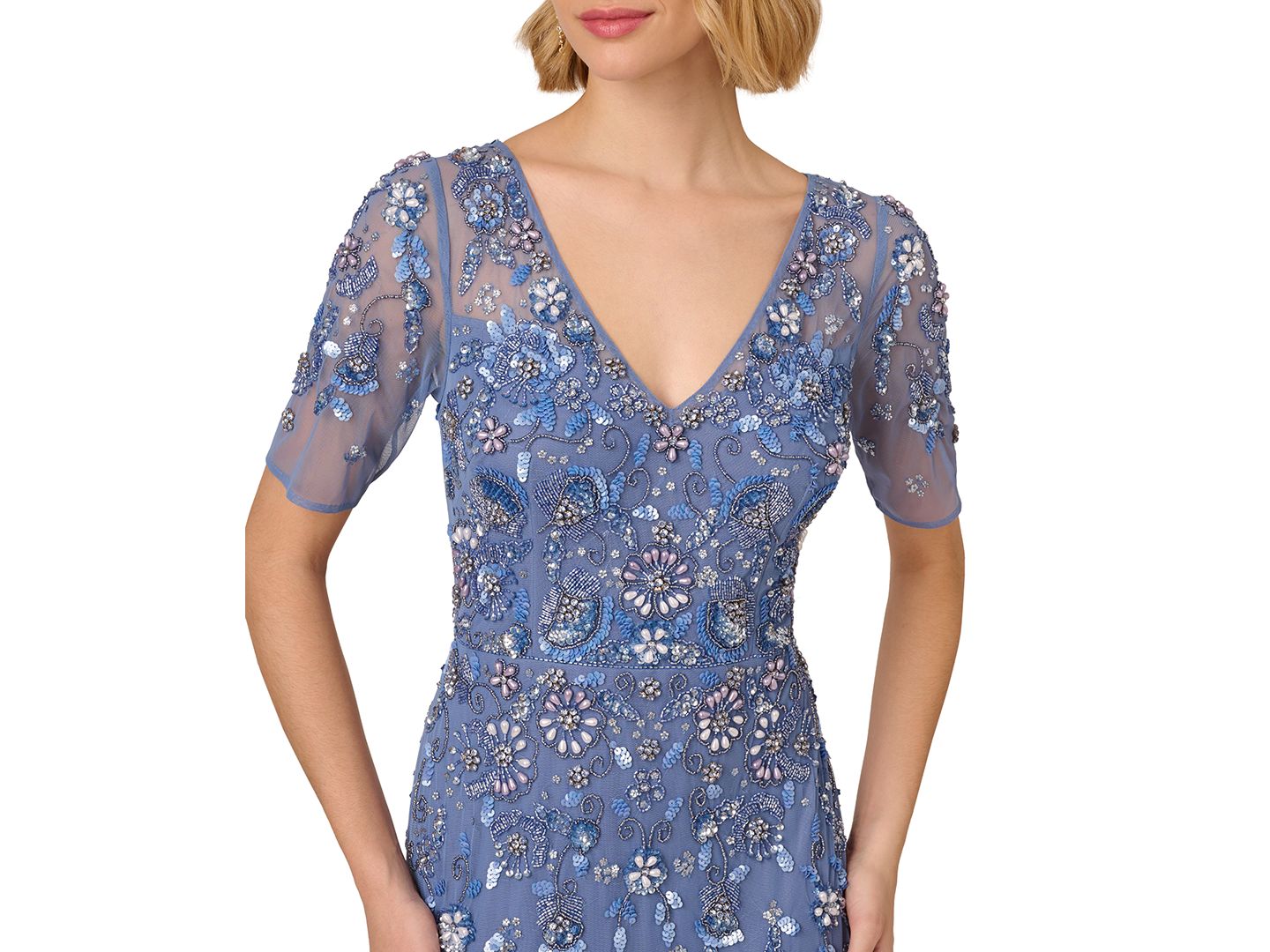 Женские платья Adrianna Papell V-Neck Beaded Short-Sleeve Mesh Gown, цвет: Biscotti — фото 8