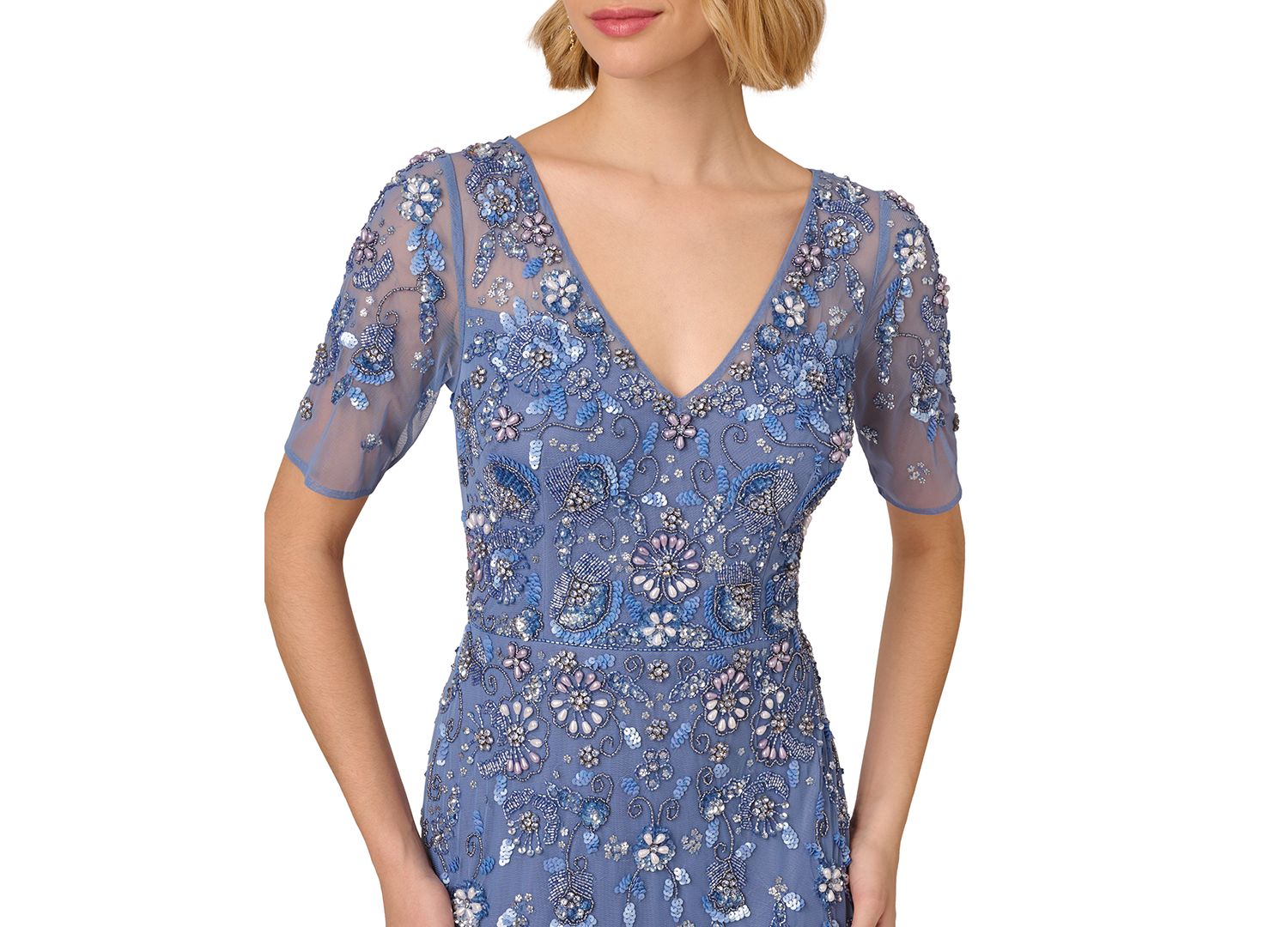 Women's V-Neck Beaded Short-Sleeve Mesh Gown