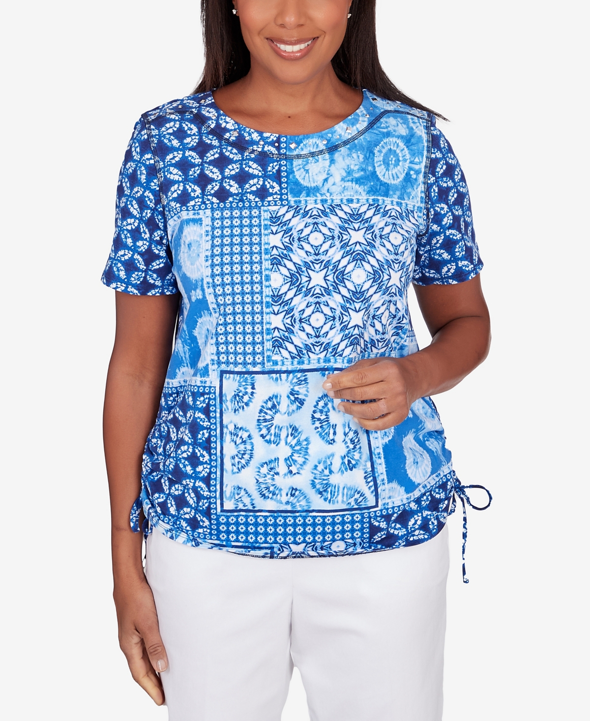Alfred Dunner Petite Blue Bayou Women's Patchwork Ikat Ruched T-shirt In Multi