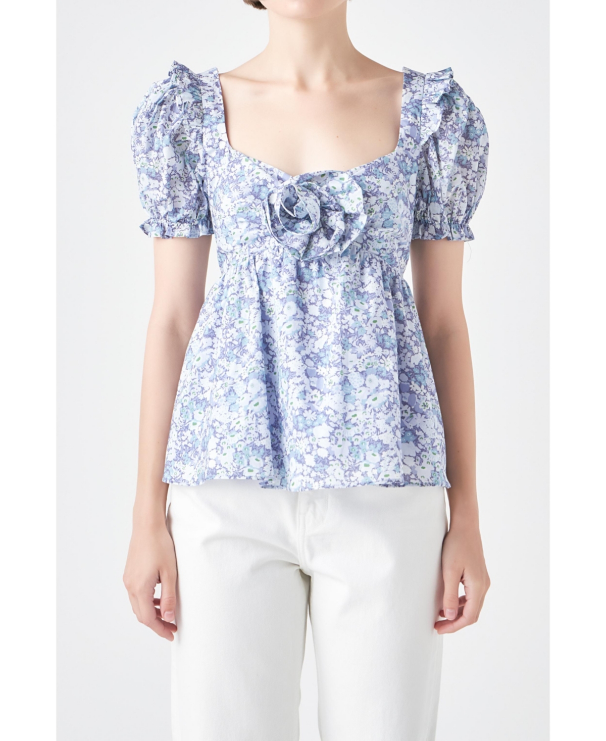 ENGLISH FACTORY WOMEN'S FLORAL PRINT TOP WITH FLOWER