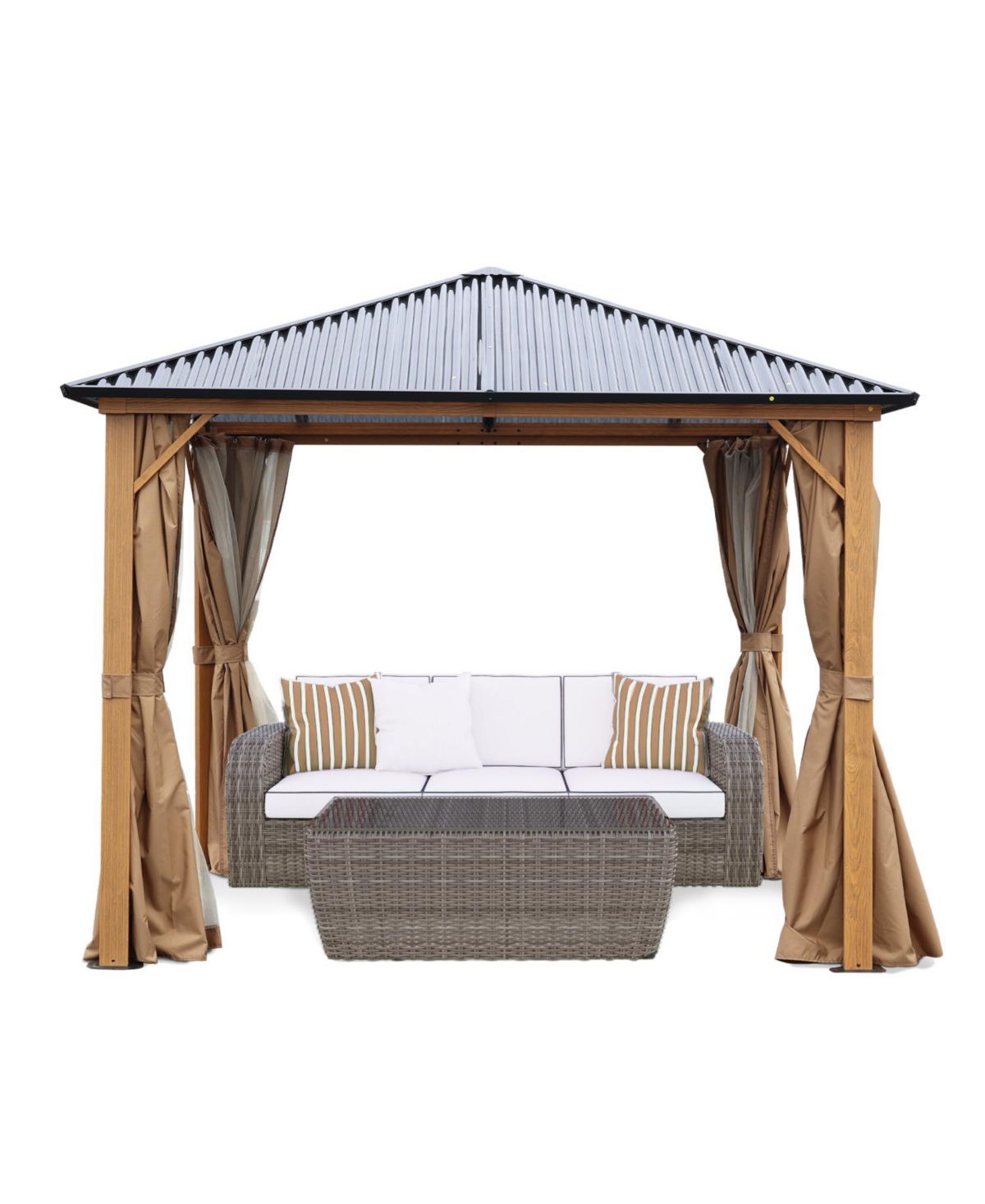 10 x 10 ft. Wooden Finish Coated Aluminum Frame Gazebo with Polycarbonate Roof, Outdoor Gazebos with Curtains and Nettings, for Patio Backyard