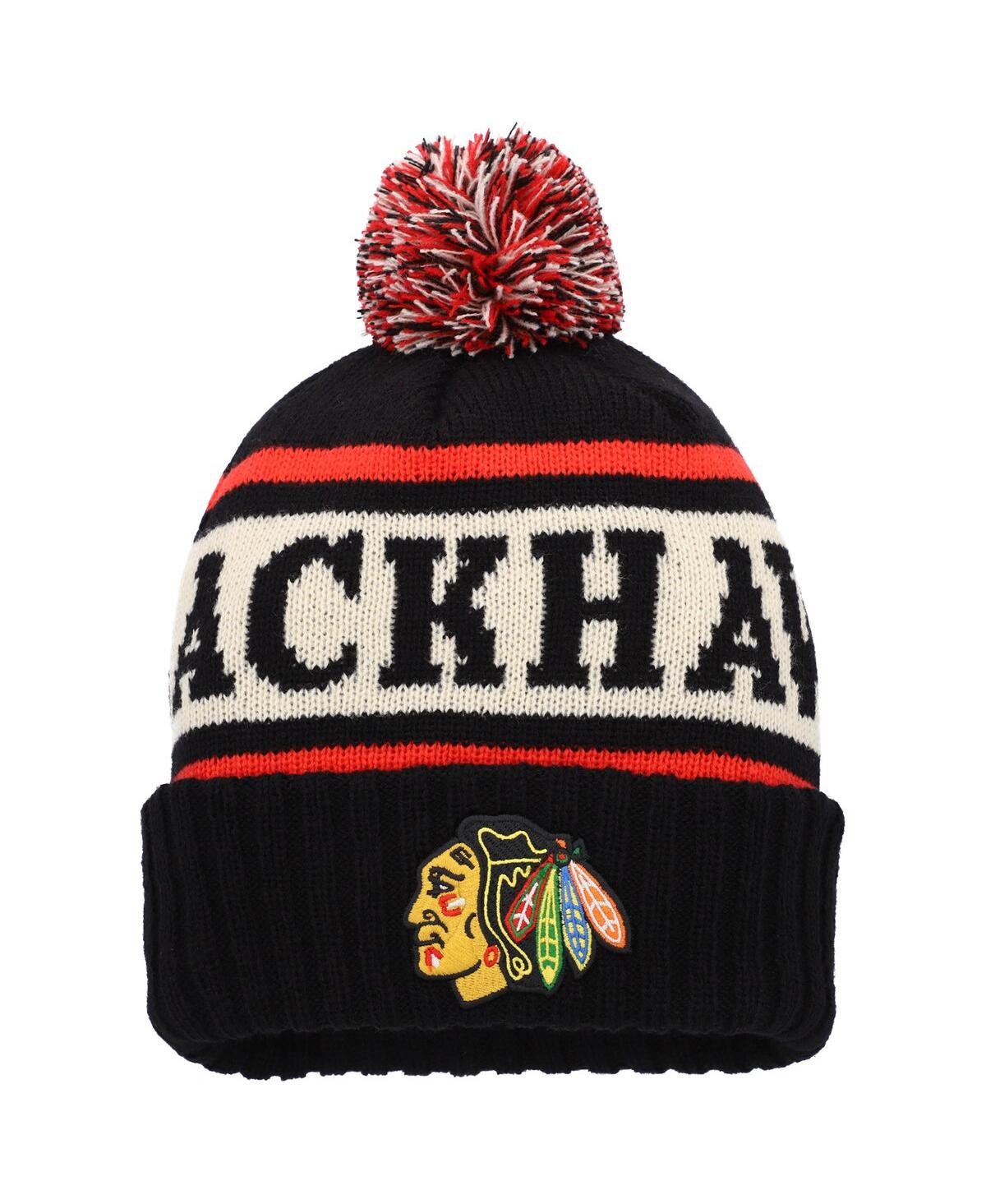 American Needle Men's  Black, White Chicago Blackhawks Pillow Line Cuffed Knit Hat With Pom In Black,white