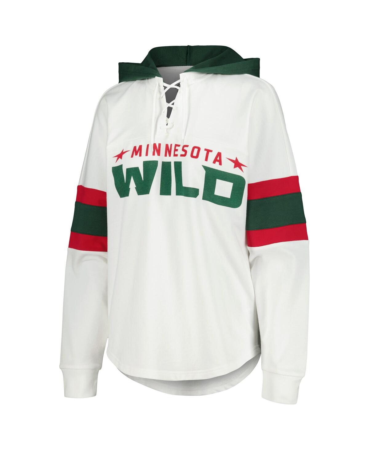 Shop G-iii 4her By Carl Banks Women's  White, Green Minnesota Wild Goal Zone Long Sleeve Lace-up Hoodie T- In White,green