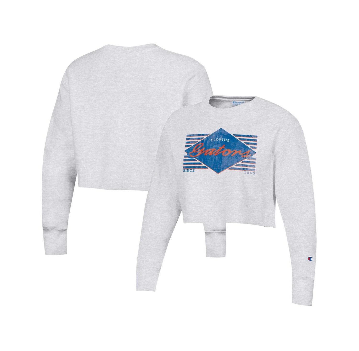 Women's Heather Gray Distressed Florida Gators Reverse Weave Cropped Pullover Sweatshirt
