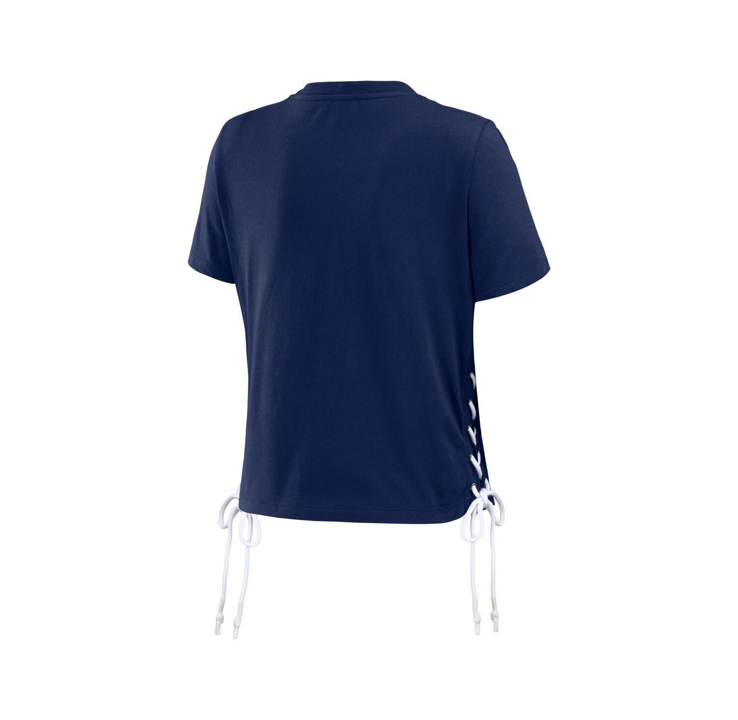 Women's Navy Michigan Wolverines Side Lace-Up Modest Crop T-shirt