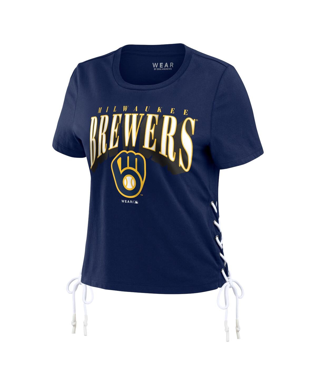Shop Wear By Erin Andrews Women's  Navy Milwaukee Brewers Side Lace-up Cropped T-shirt
