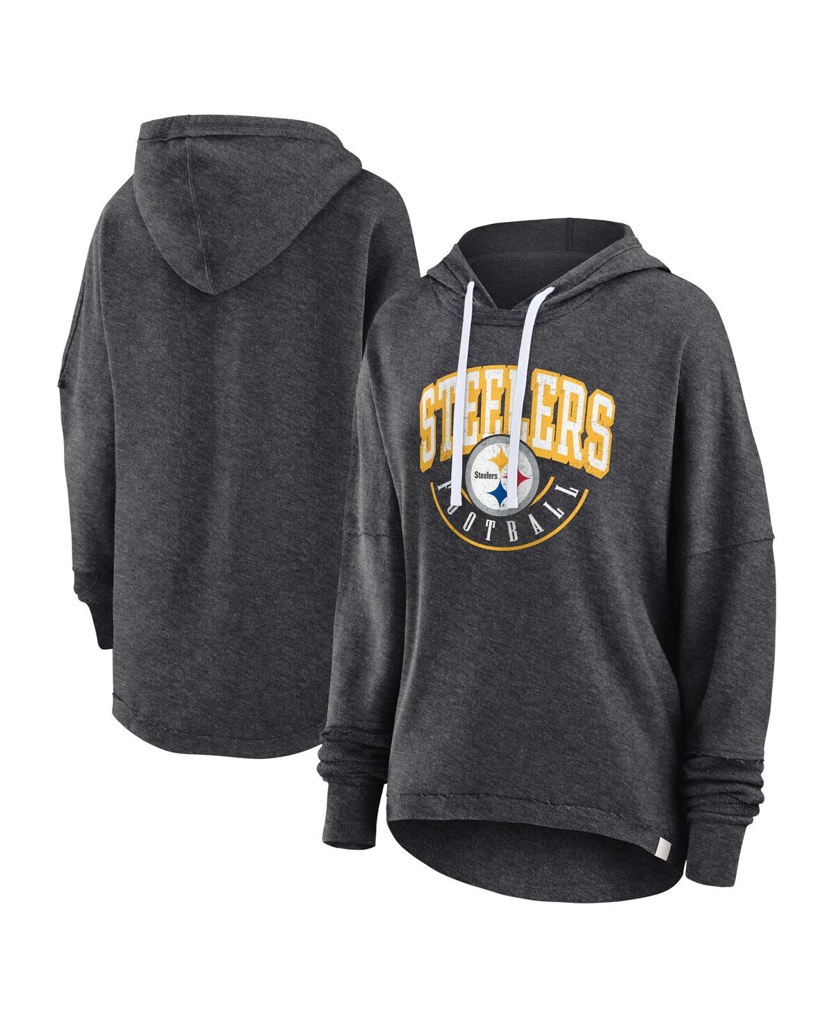 Women's Fanatics Charcoal Distressed Pittsburgh Steelers Lightewight Modest Crop Lounge Helmet Arch Pullover Hoodie - Charcoal