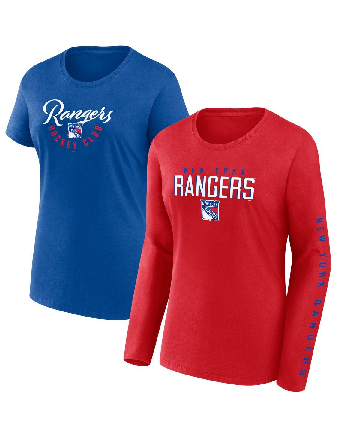 Fanatics Women's  Blue, Red New York Rangers Long And Short Sleeve Two-pack T-shirt Set In Blue,red