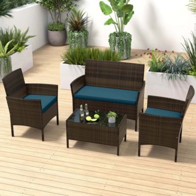 4PCS Rattan Patio Furniture Set Cushioned Sofa Chair Coffee Table