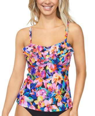 Island Escape - Women's Tahiti Floral-Print Ruffled Tankini Top, Created for Macy's