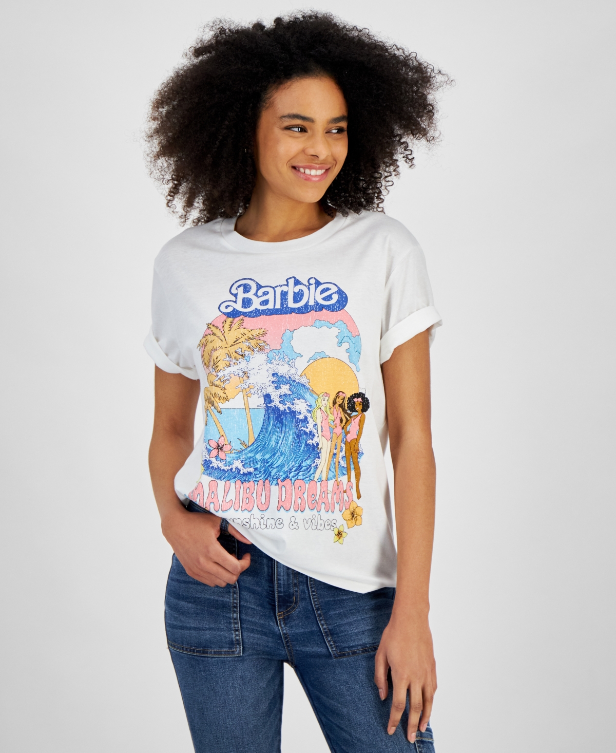 Juniors' Malibu Barbie Graphic Crewneck T-Shirt - Egret