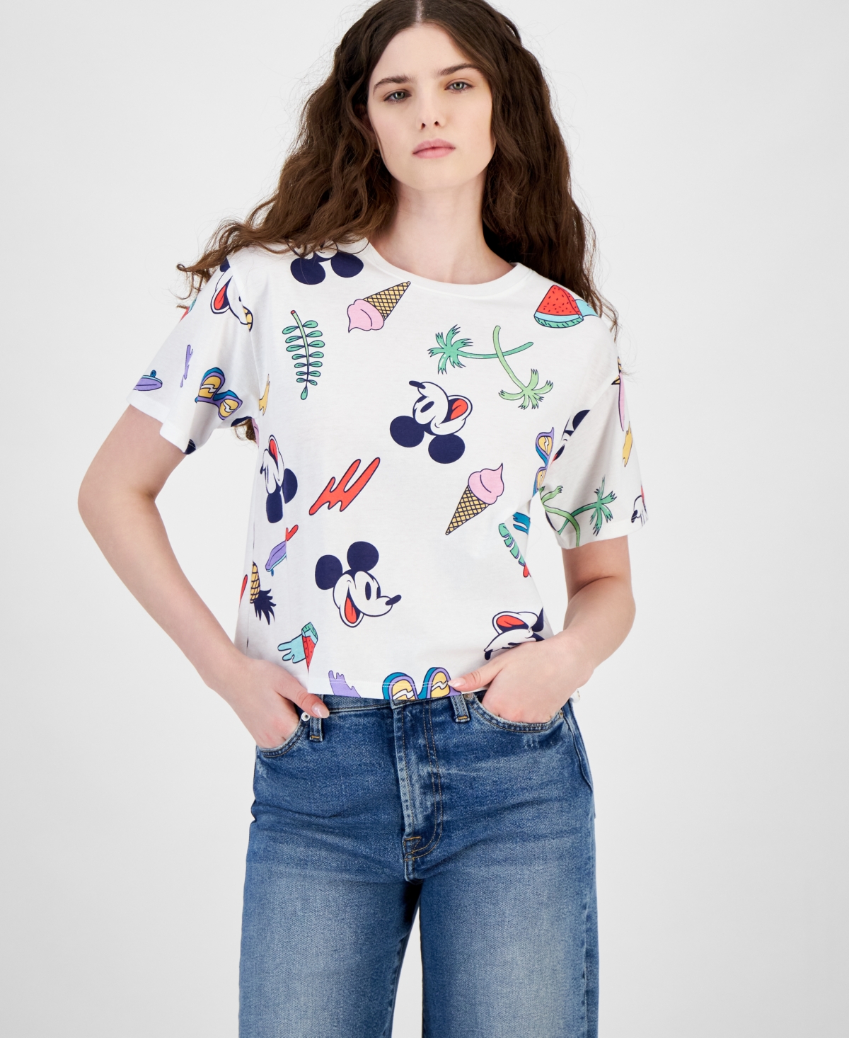 Juniors' Mickey Tropical Graphic T-Shirt - White