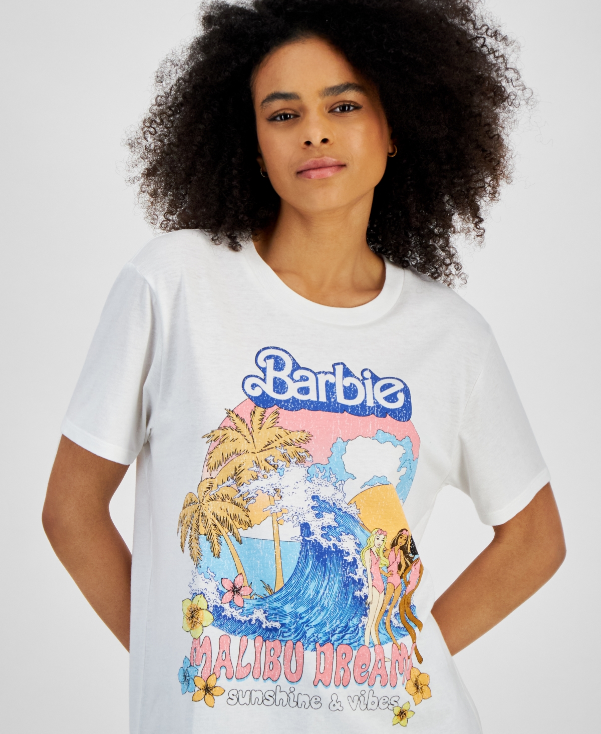 Shop Love Tribe Juniors' Malibu Barbie Graphic Crewneck T-shirt In Egret