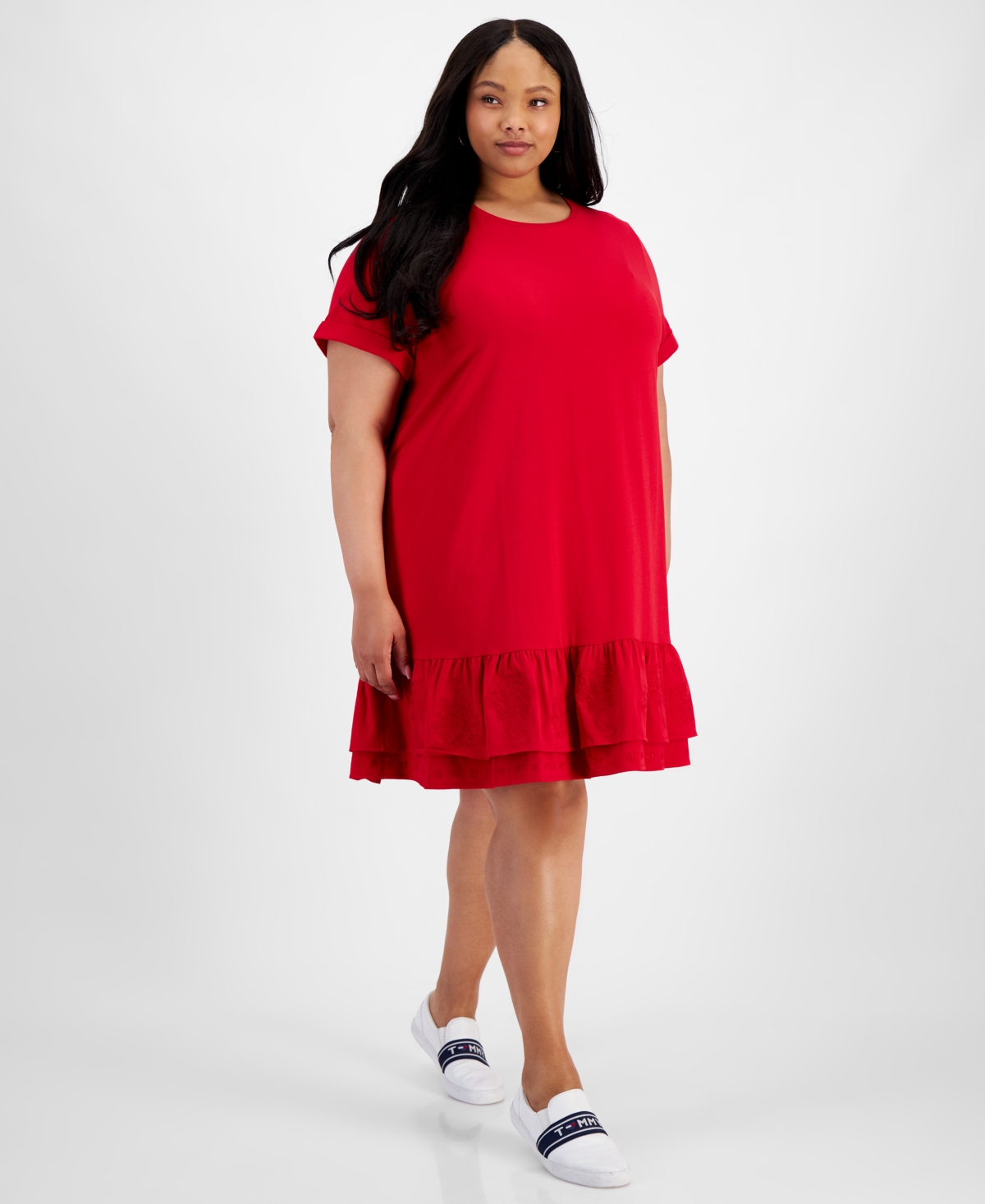 Plus Size Short-Sleeve Tiered Embroidered Dress - Scarlet