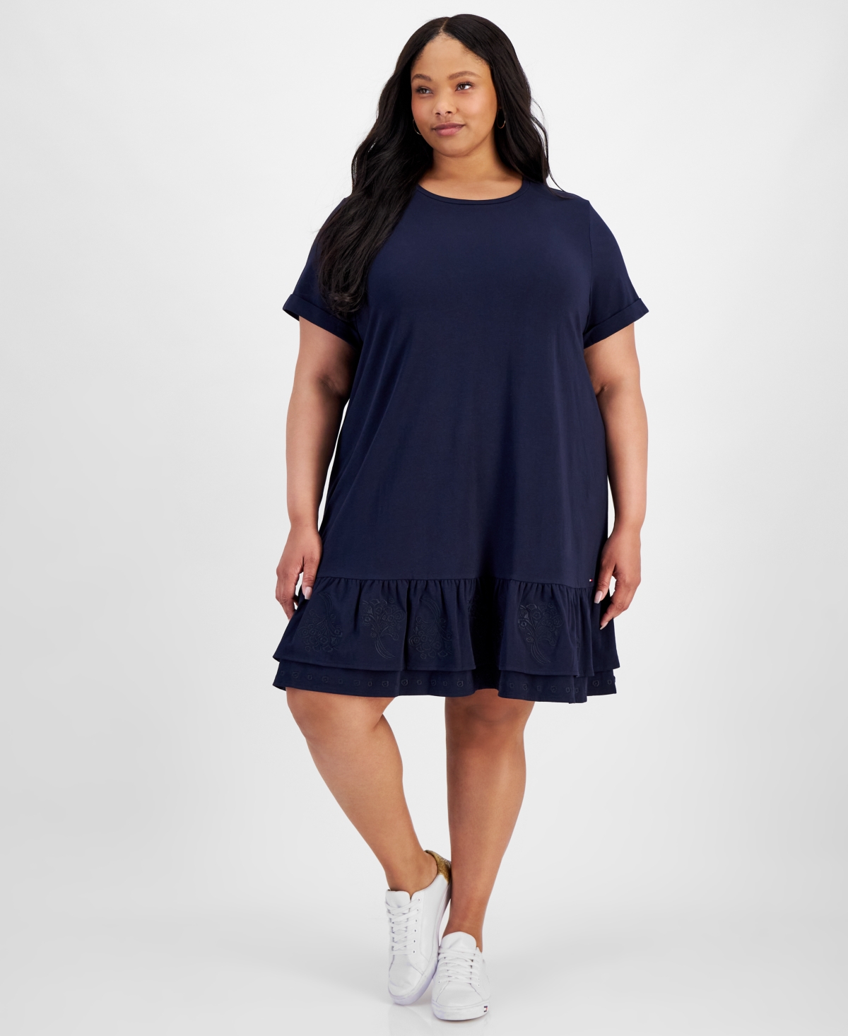 Shop Tommy Hilfiger Plus Size Short-sleeve Tiered Embroidered Dress In Sky Captain