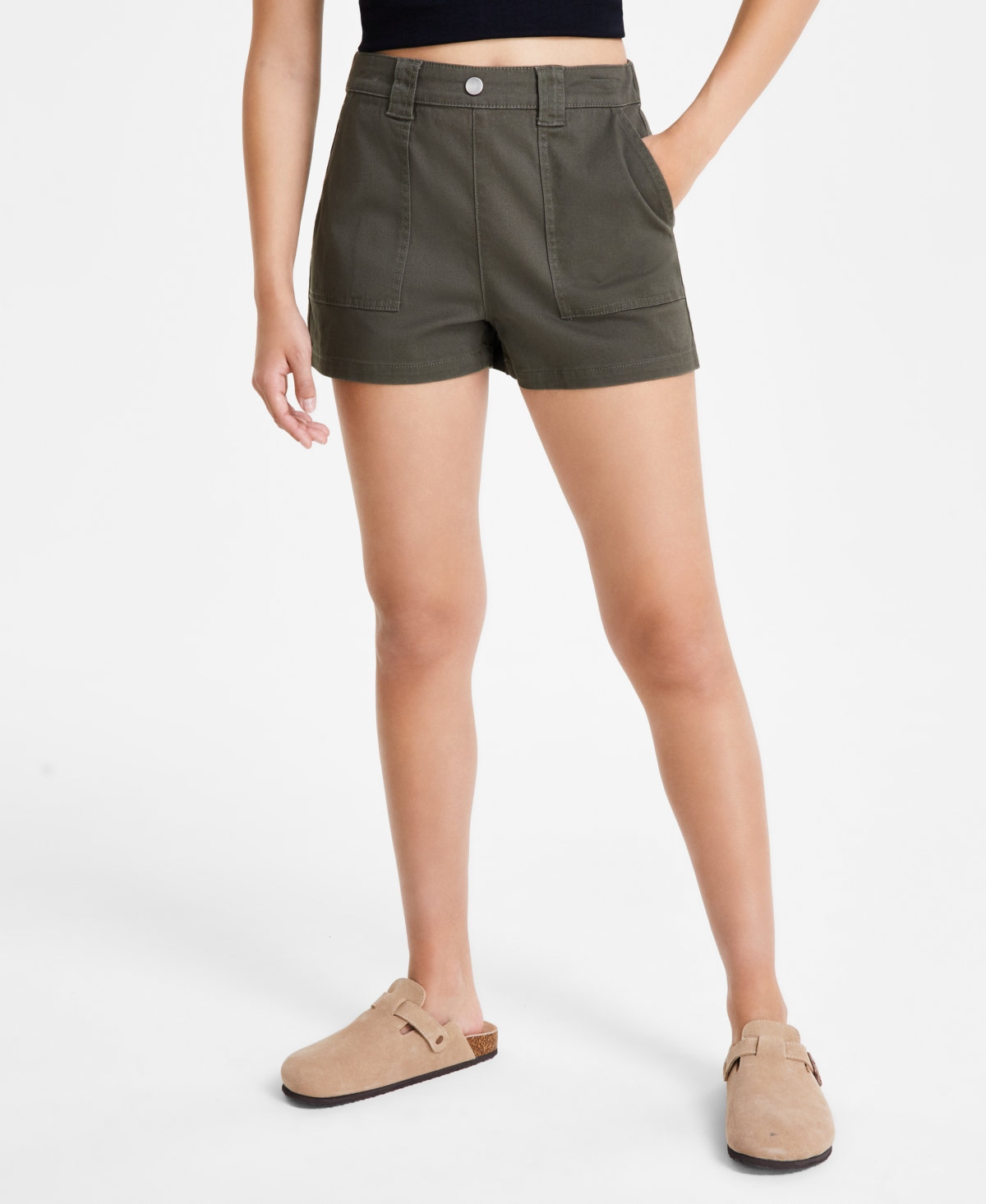 Juniors' Fly-Front High-Rise Shorts - Olive