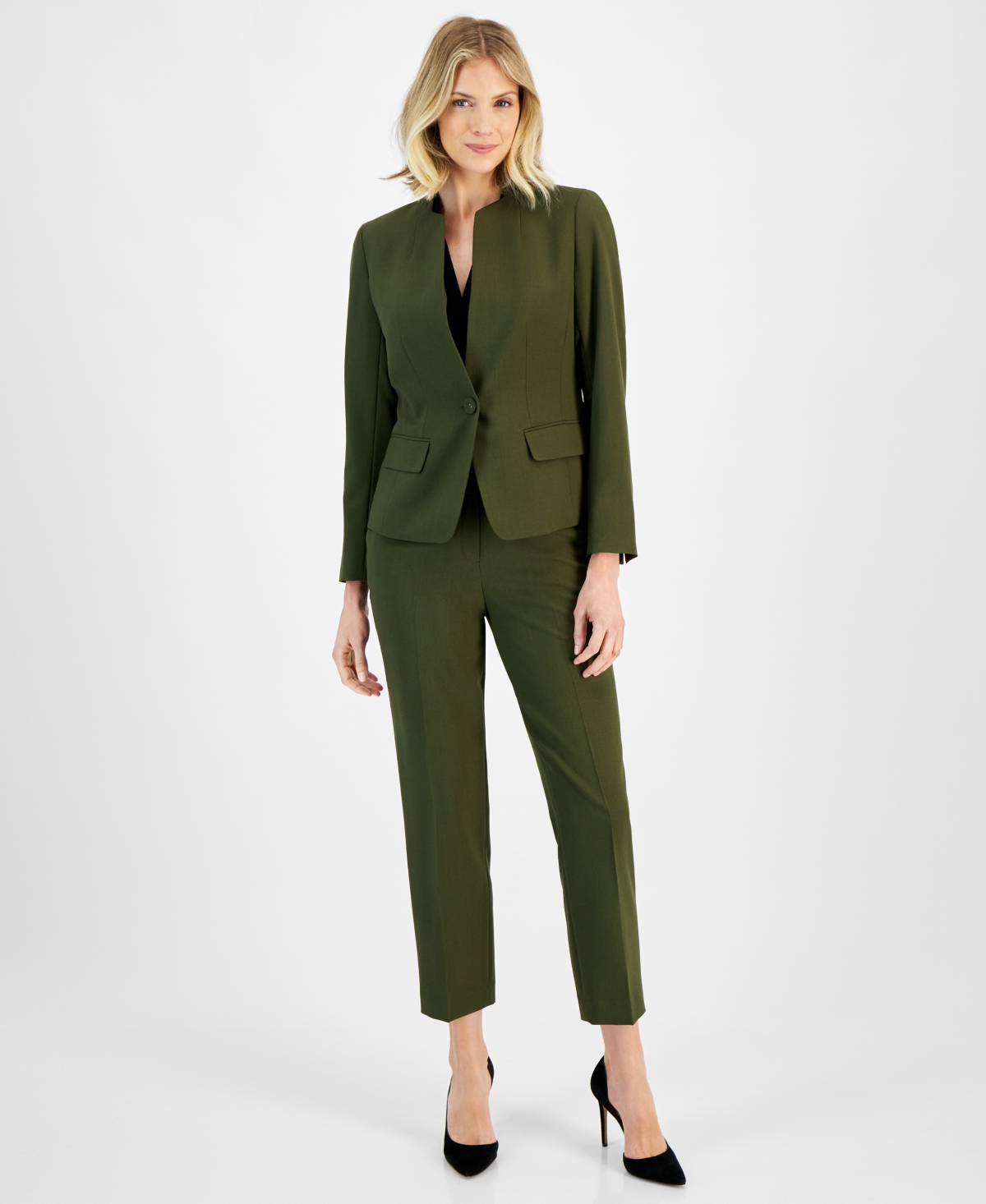 Women's Single-Button Blazer and Slim-Fit Pantsuit, Regular and Petite - Hunter